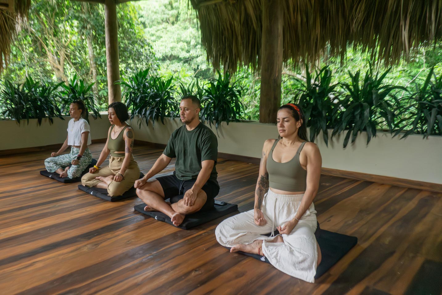 Retreat group meditating in a tropical practice space