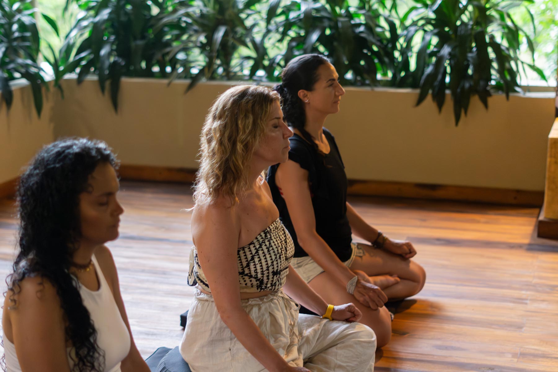 Retreat participants meditating in an open tropical studio